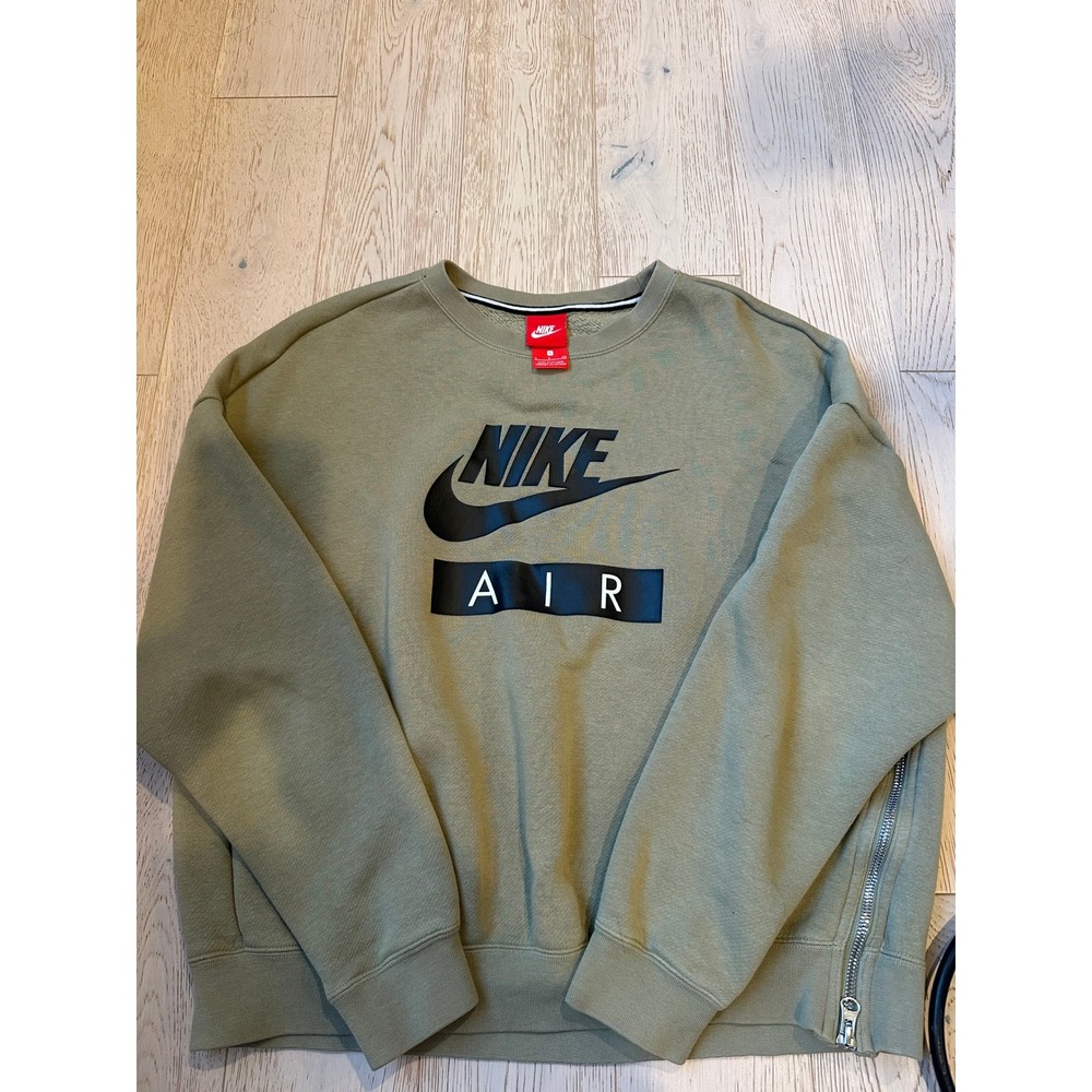 Nike Air Womens Crewneck Sweatshirt Olive Green Side Zip Logo Pullover Small